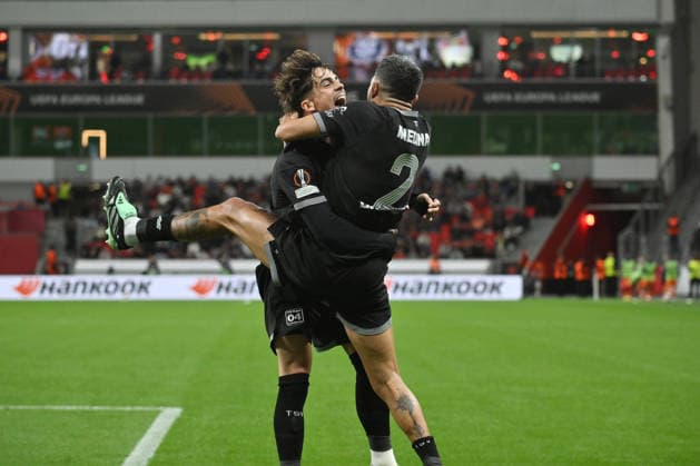 Celebration 2-0 Facundo Medina, Bayer 04 Leverkusen; Afonso Moreira, Bayer 04 Leverkusen; September 16, 2026; Soccer: UEFA Europa League 2026–2027; Matchday 1, Bayer 04 Leverkusen vs. NK Celje. UEFA regulations prohibit any use of photographs as image sequences and or quasi-video. Leverkusen, BayArena, North Rhine-Westphalia, Germany Team2