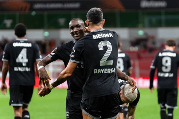 2026–2027 UEFA Europa League, Bayer 04 Leverkusen vs. NK Celje, Matchday 1, Wednesday, September 16, 2026, BayArena, North Rhine-Westphalia, Germany; Facundo Medina scores the 2-0 goal; celebration, joy, emotions, goal celebration, Moussa Diaby Copyright: xCelinaxLeiersx