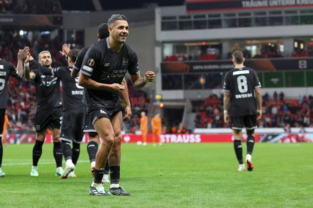 Facundo Medina of Bayer 04 Leverkusen celebrates after scoring his team’s second goal during the 2026–27 UEFA Europa League group stage match between Bayer 04 Leverkusen and NK Celje at BayArena on September 16, 2026 in Leverkusen, Germany. Photo by Oliver Kaelke, DeFodi Images
