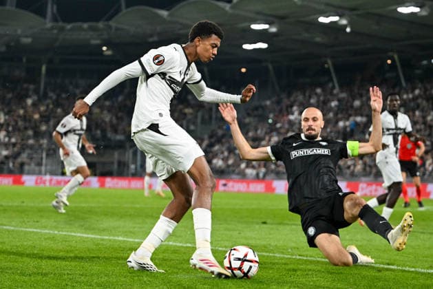 SOCCER - UEFA EL, Sturm vs Rennais GRAZ,AUSTRIA,16.SEP.26 - SOCCER - UEFA Europa League, Sturm Graz vs Stade Rennais FC. Image shows Abdelhamid Ait Boudlal (Rennes) and Jon Gorenc Stankovic (Sturm).  GEPAxpictures xAvnixRetkoceri