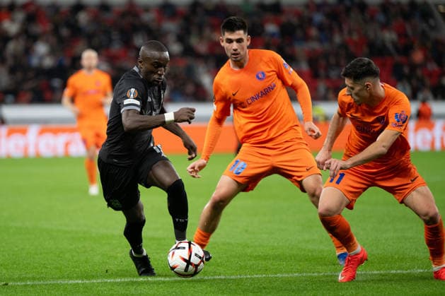 Moussa Diaby 19 of Bayer 04 Leverkusen in a tackle, action, with Papa Daniel 10 of NK Celje, Bayer 04 Leverkusen vs. NK Celje, soccer, UEFA Europa League, group stage, 2026–2027, September 16, 2026, Leverkusen, North Rhine-Westphalia, Germany Copyright: xkolbert-press MarkusxVerwimpx