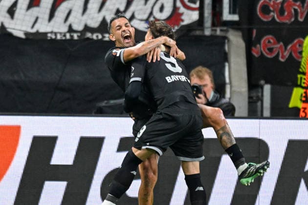 Facundo Medina (Leverkusen 2) celebrates with Afonso Moreira (Leverkusen 9) after scoring the goal that made it 2–0 on September 16, 2026 ¢ Soccer ¢ Europa League ¢ Bayer 04 Leverkusen vs. NK Celje, BayArena, Leverkusen, North Rhine-Westphalia, Germany Copyright: xpepphotox xHorstxMauelshagenx pep00321, pep_20260916_hm
