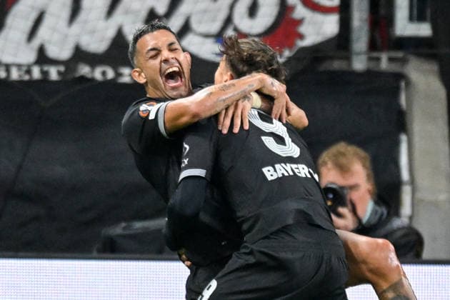 Facundo Medina (Leverkusen 2) celebrates with Afonso Moreira (Leverkusen 9) after scoring the goal that made it 2–0 on September 16, 2026 ¢ Soccer ¢ Europa League ¢ Bayer 04 Leverkusen vs. NK Celje, BayArena, Leverkusen, North Rhine-Westphalia, Germany Copyright: xpepphotox xHorstxMauelshagenx pep00321, pep_20260916_hm