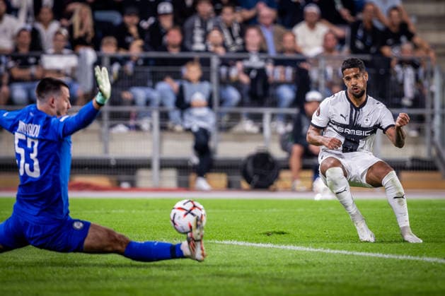 STURM GRAZ - RENNES Danil Khudyakov of Sturm and Ludovic Blas of Rennes during the matchday 1 of UEFA Europa league - league phase football match between SK Sturm Graz and Rennes at the Stadium Graz Liebenau. Graz, Austria, September 16, 2026. Photo by Branislav Racko Copyright: xx 080A3226