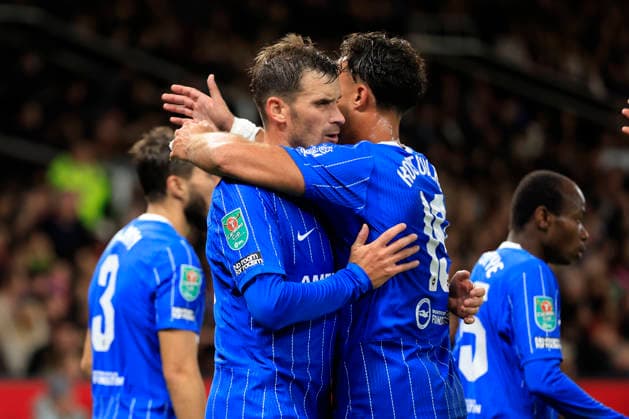Manchester United, ManU v Brighton and Hove Albion - Carabao Cup Third Round Pascal Gross and Charalampos Kostoulas of Brighton and Hove Albion celebrates 2nd goal during the Carabao Cup Third Round match between Manchester United and Brighton & Hove Albion at Old Trafford on September 16, 2026 in Manchester, England. WARNING! This Photograph May Only Be Used For Newspaper And Or Magazine Editorial Purposes. May Not Be Used For Publications Involving 1 player, 1 Club Or 1 Competition Without Written Authorisation From Football DataCo Ltd. For Any Queries, Please Contact Football DataCo Ltd on +44 (0) 207 864 9121 Manchester Old Trafford England United Kingdom Copyright: xAllstarxPicturexLibraryxLtdx
