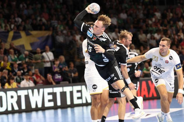September 16, 2026, xBHAx, Handball, EHF Champions League, 2026–2027 Season, CL, Füchse Berlin vs. Veszprém HC, Max Schmeling Halle, Tobias Gröndahl, Füchse Berlin No. 15 on offense, Berlin, Germany
