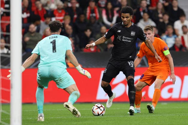 Goalkeeper Zan Luk Leban of NK Celje and Malik Tillmann of Bayer 04 Leverkusen battle for the ball during the 2026-27 UEFA Europa League group stage match between Bayer 04 Leverkusen and NK Celje at BayArena on September 16, 2026 in Leverkusen, Germany. Photo by Oliver Kaelke, DeFodi Images