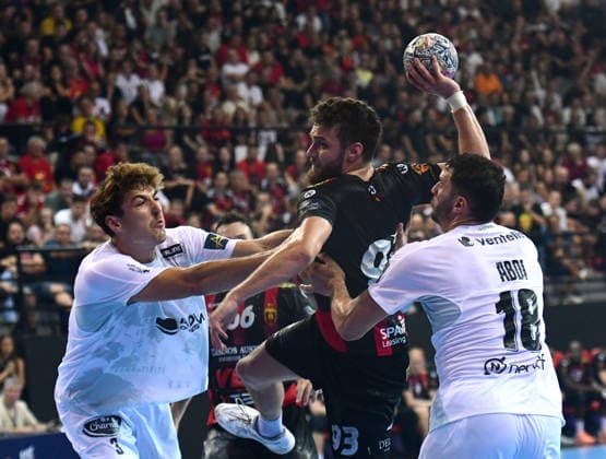 Sport Bilder des Tages #2 EHF Champions League. Matteo Fadhuile from HC Vardar andAyoub Abdofrom HBC Nantes during EHF Champions League group phase match between HC Vardar and HBC Nantes in Skopje, North Macedonia, September 16 2026. IMAGO PETR STOJANOVSKI