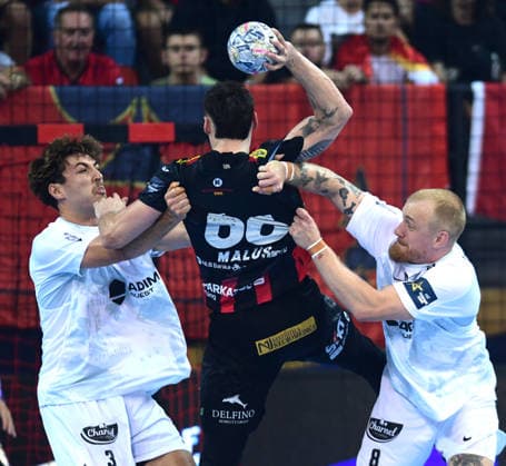 EHF Champions League. Jaka Malus from HC Vardar and Rene Antonsen and Thibaut Briet from HBC Nantes during EHF Champions League group phase match between HC Vardar and HBC Nantes in Skopje, North Macedonia, September 16 2026. IMAGO PETR STOJANOVSKI