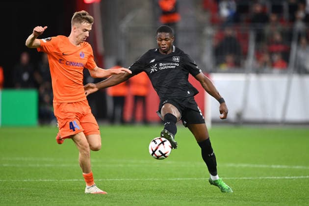 Christian KOFANE LEV vs. Lukasz BEJGER NK Celje Action, tackle, Bayer Leverkusen vs. NK Celje 2–0, Soccer, UEFA Europa League, Matchday 1, on September 16, 2026, in Leverkusen, Germany. UEFA regulations prohibit any use of photographs as image sequences and or quasi-video.