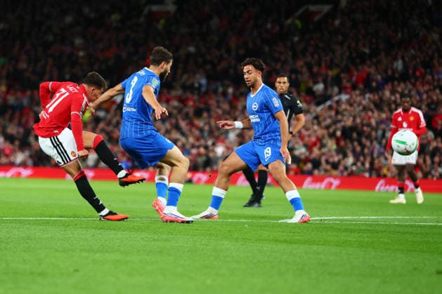 MANCHESTER, ENGLAND - SEPTEMBER 16: Shea Lacey of Manchester United, ManU scores to make it 1-0 during the Carabao Cup Third Round match between Manchester United and Brighton & Hove Albion at Old Trafford on September 16, 2026 in Manchester, England.  Copyright: xMBxMediax
