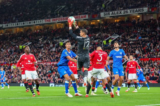 16th September 2026; Old Trafford, Manchester, England; Carabao Cup Football, Manchester United, ManU versus Brighton and Hove Albion; Karl Darlow of Manchester United claims the cross RogerxEvans