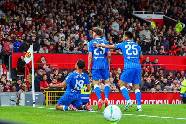 16th September 2026; Old Trafford, Manchester, England; Carabao Cup Football, Manchester United, ManU versus Brighton and Hove Albion; Maxim De Cuyper of Brighton and Hove Albion scores in the 70th minute to make it 3-2 to Brighton and heads to the away fans to celebrate with team mates RogerxEvans