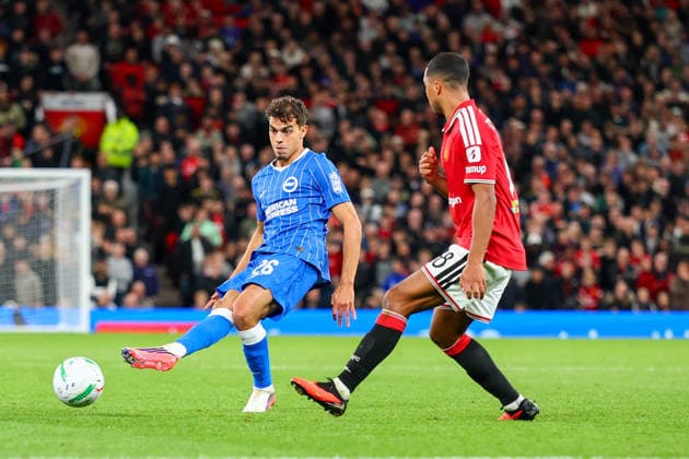 16th September 2026; Old Trafford, Manchester, England; Carabao Cup Football, Manchester United, ManU versus Brighton and Hove Albion; Yasin Ayari of Brighton and Hove Albion plays forward RogerxEvans