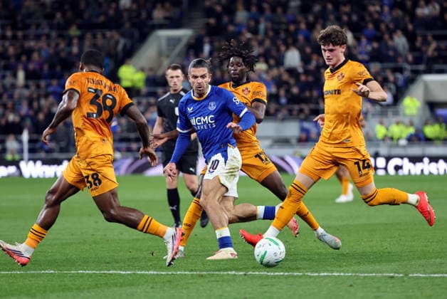 16th September 2026; Everton Stadium, Liverpool, England; Carabao Cup Football, Everton versus Wolverhampton Wanderers; Jack Grealish of Everton runs at Jackson Tchatchoua, Sean Neave and Boubacar Traore of Wolverhampton Wanderers AlanxMartin