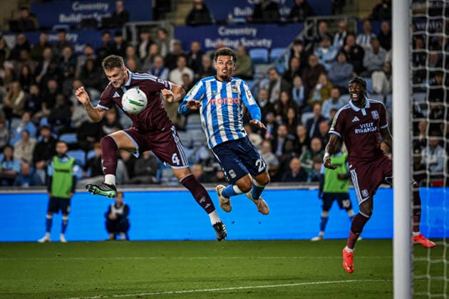 16th September 2026; Coventry Building Society Arena, Coventry, West Midlands, England; Carabao Cup Football, Coventry City versus Aston Villa; Taylor Harwood-Bellis of Aston Villa heads towards goal GodfreyxPitt
