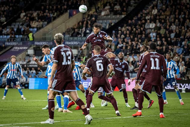 16th September 2026; Coventry Building Society Arena, Coventry, West Midlands, England; Carabao Cup Football, Coventry City versus Aston Villa; Tyrone Mings of Aston Villa wins a defensive header GodfreyxPitt