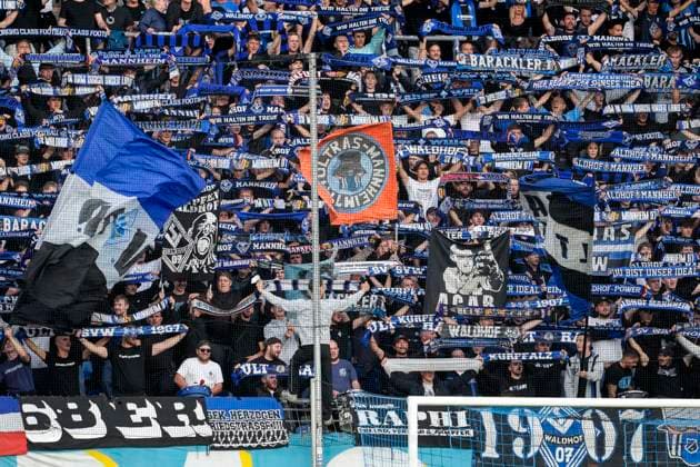 The Ultras of SV Waldhof Mannheim wave their flags in the fan section; home fans, fan block, looking forward to the game; fans, audience, spectators, mood, atmosphere, stadium, September 16, 2026, Mannheim, Germany, soccer, 3rd League, SV Waldhof Mannheim vs. Rot-Weiss Essen, DFB and DFL regulations prohibit any use of photographs as image sequences and or quasi-video xozx
