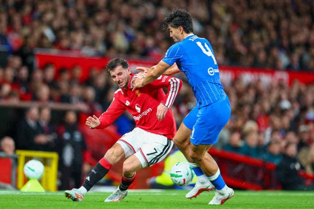 16th September 2026; Old Trafford, Manchester, England; Carabao Cup Football, Manchester United, ManU versus Brighton and Hove Albion; Mason Mount of Manchester United under pressure from Pascal Struijk of Brighton and Hove Albion RogerxEvans