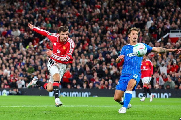 16th September 2026; Old Trafford, Manchester, England; Carabao Cup Football, Manchester United, ManU versus Brighton and Hove Albion; Mason Mount of Manchester United shoots and scores in the 10th minute to make the score 2-0 RogerxEvans