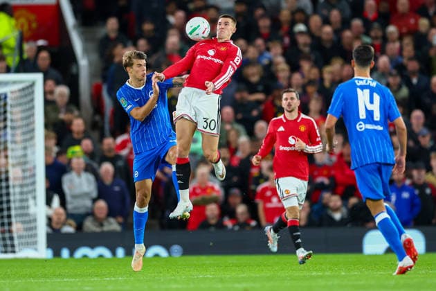 16th September 2026; Old Trafford, Manchester, England; Carabao Cup Football, Manchester United, ManU versus Brighton and Hove Albion; Benjamin Sesko of Manchester United wins the high ball RogerxEvans