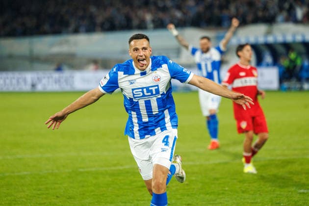Goal celebration 2–0 by goal scorer Kenan Fatkic, Rostock, Germany; FC Hansa Rostock vs. VfB Stuttgart II; soccer; men s; 3. Liga; Matchday 6; 2026–2027 season; September 16, 2026, Rostock Ostseestadion, Mecklenburg-Western Pomerania, Germany
