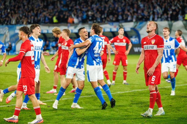 Goal celebration: 3-2. On the left, Kenan Fatkic (Rostock); on the far left, goal scorer Benno Dietze (Rostock); on the far right, Collin Schramm (VfB) and Alexander Groiß (VfB) are disappointed, angry, frustrated, and upset (GER), FC Hansa Rostock vs. VfB Stuttgart II, soccer, men’s, 3rd Division, Matchday 6, 2026–2027 season, September 16, 2026, Rostock Ostseestadion, Mecklenburg-Western Pomerania, Germany