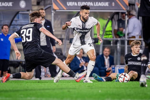 STURM GRAZ - RENNES Luca Weinhandl of Sturm and Adrien Thomasson of Rennes during the matchday 1 of UEFA Europa league - league phase football match between SK Sturm Graz and Rennes at the Stadium Graz Liebenau. Graz, Austria, September 16, 2026. Photo by Branislav Racko Copyright: xx 080A3460