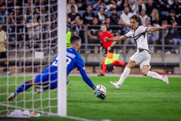 STURM GRAZ - RENNES Danil Khudyakov of Sturm and Esteban Lepaul of Rennes during the matchday 1 of UEFA Europa league - league phase football match between SK Sturm Graz and Rennes at the Stadium Graz Liebenau. Graz, Austria, September 16, 2026. Photo by Branislav Racko Copyright: xx 080A3212