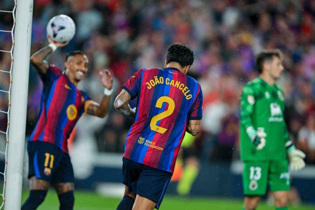 FC Barcelona, Barca v REAL RACING CLUB SPOTIFY CAMP NOU. BARCELONA Sep 16,2026 FC BARCELONA vs REAL RACING CLUB SANTANDER SEP 16 ,2026 Joao Cancelo (2) of FC Barcelona celebrates scoring his team s first goal during the match between FC Barcelona and Real Racing Club corresponding to the sixth day of La Liga EA Sports at at Spotify Camp Nou in Barcelona, Spain. Barcelona ESP Copyright: xS.xRosx