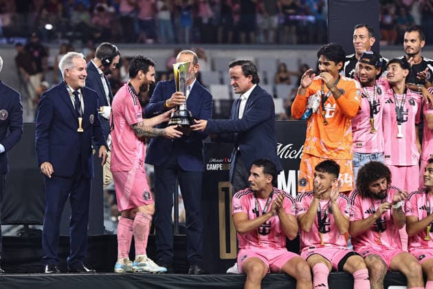 MIAMI, FL - SEPTEMBER 16: Inter Miami CF Forward Lionel Messi (10) receives Michelob ULTRA Champions trophy after the 2026 Michelob ULTRA Campeones Cup soccer match between Inter Miami CF and Cruz Azul on September 16, 2026 at NU Stadium, Miami, Fla.(Photo by Chris Arjoon Icon Sportswire) SOCCER: SEP 16 Campeones Cup Final Inter Miami CF vs Cruz Azul EDITORIAL USE ONLY Icon2609160000003