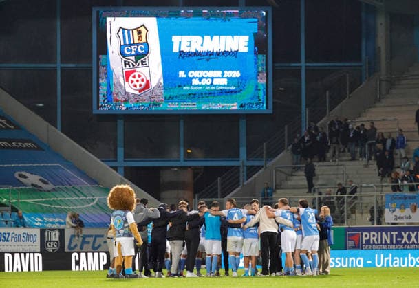 CFC vs. SV Babelsberg 03, September 16, 2026, Chemnitz, eins Stadium on Gellertstrasse, Sports, Soccer, Northeast Regional League 2026–2027, Matchday 9, CFC, CFC vs. SV Babelsberg 03 CFC team after losing the match, Chemnitz, Saxony, Germany