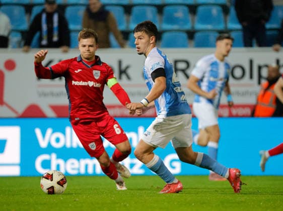 CFC vs. SV Babelsberg 03, September 16, 2026, Chemnitz, eins Stadion on Gellertstrasse, Sports, Soccer, Northeast Regional League 2026–2027, Matchday 9, CFC, CFC vs. SV Babelsberg 03, Maurizio Grimaldi on the ball, Chemnitz, Saxony, Germany