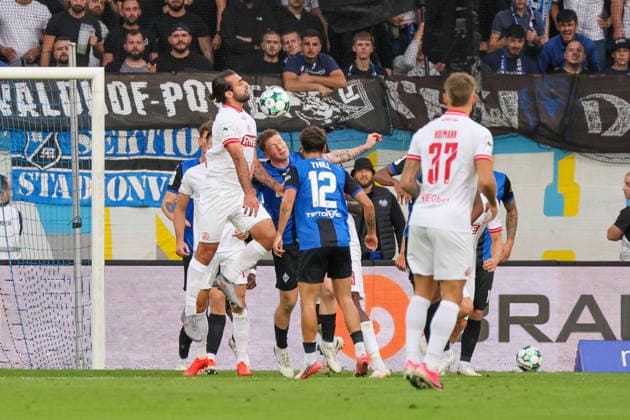Penalty area scene from a 3. Liga soccer match, Matchday 6, SV Waldhof Mannheim vs. Rot-Weiss Essen on September 16, 2026, at Carl Benz Stadium in Mannheim, Germany; Carl Benz Stadium, Mannheim, Germany Copyright: xFranzxReindelx