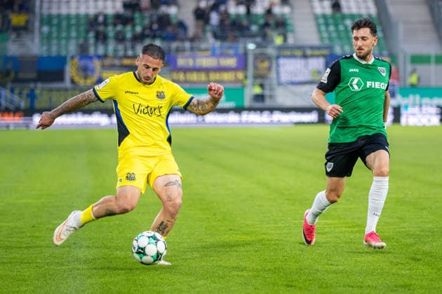 L R Calogero Rizzuto, 1 FC Saarbrücken; 07 on the ball; Charalambos Makridis, SC Preussen Münster; 14 GER, SC Preussen Münster vs. 1 FC Saarbrücken, Soccer, 3. Liga, Matchday 6, 2026–2027 season, September 16, 2026 DFL regulations prohibit any use of photographs as image sequences and or quasi-video GER, SC Preussen Münster vs. 1 FC Saarbrücken, Soccer, 3rd League, Matchday 6, 2026–2027 season, September 16, 2026, Münster Copyright: xEibner-Pressefoto JanxRollingerx EP_JSK