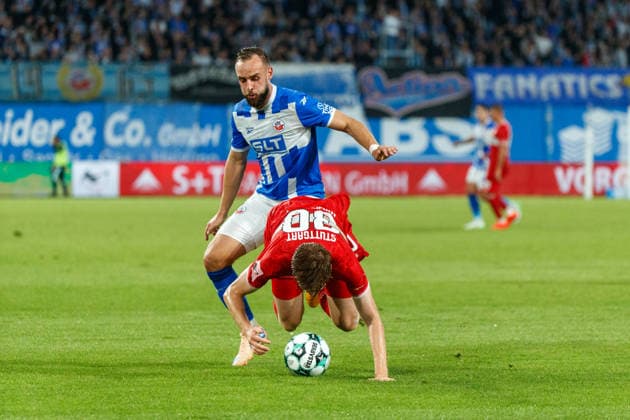 Jordan Majchrzak (VfB) vs. David Kopacz (Rostock), FC Hansa Rostock vs. VfB Stuttgart II, Soccer, Men, 3rd Division, Matchday 6, 2026–2027 Season, September 16, 2026, Rostock Ostseestadion, Mecklenburg-Western Pomerania, Germany