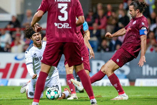 September 16, 2026, xsefx, Soccer, SC Fortuna Köln vs. SV Wehen Wiesbaden, 3rd Division, South Division, Matchday 6, 2026–2027 Season: Ayoub Chaikhoun of SV Wehen Wiesbaden lies on the ground, his face contorted with pain. DFB regulations prohibit any use of photographs as image sequences and or quasi-video. North Rhine-Westphalia, Germany