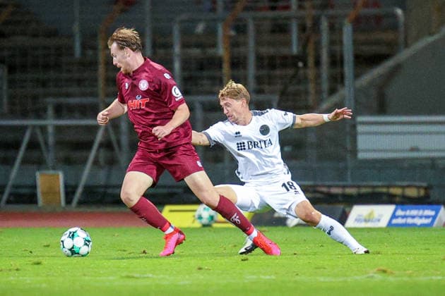 September 16, 2026, xsefx, Soccer, SC Fortuna Cologne vs. SV Wehen Wiesbaden, 3rd Division, South Division, Matchday 6, 2026–2027 Season Fabian Greilinger SV Wehen Wiesbaden 18 in a tackle against Jannik Mause Fortuna Köln 37 DFB regulations prohibit any use of photographs as image sequences and or quasi-video North Rhine-Westphalia, Germany