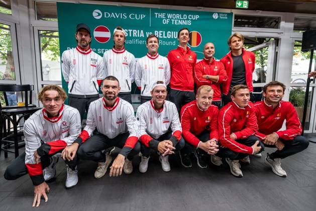 Austrian players and Belgian players pictured during the draw for the second round of Davis Cup qualifying between Belgium and Austria (Sept. 18 19), in Vienna, on Thursday 17 September 2026. DAVIDxPINTENS  x186739210x