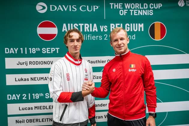 Austria s Lukas Neumayer and Belgian Gauthier Onclin pictured during the draw for the second round of Davis Cup qualifying between Belgium and Austria (Sept. 18 19), in Vienna, on Thursday 17 September 2026. DAVIDxPINTENS  x186739512x