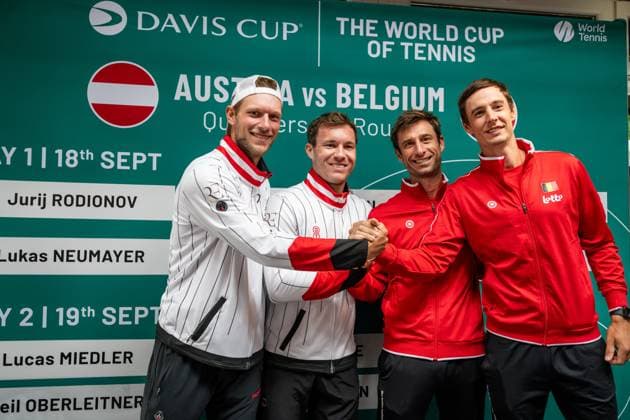 Austrian Lucas Miedler; Austrian Neil Oberleitner; Belgian Sander Gille and Belgian Joran Vliegen are pictured during the draw for the second round of Davis Cup qualifying between Belgium and Austria (Sept. 18 19), in Vienna, on Thursday 17 September 2026. DAVIDxPINTENS  x186739539x