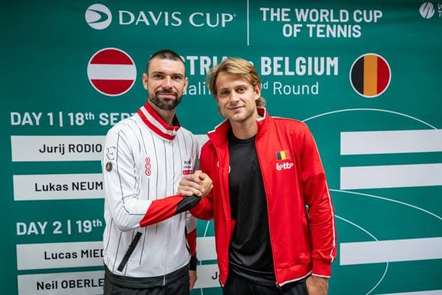Austria s Jurij Rodionov and Belgian Zizou Bergs pictured during the draw for the second round of Davis Cup qualifying between Belgium and Austria (Sept. 18 19), in Vienna, on Thursday 17 September 2026. DAVIDxPINTENS  x186739599x