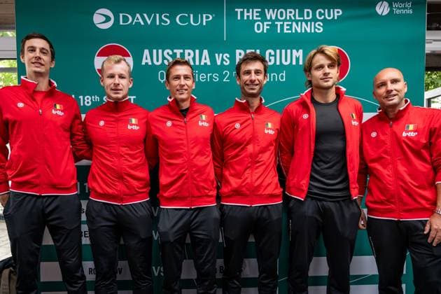 Belgian Joran Vliegen; Belgian Sander Gille; Belgian Kimmer Coppejans; Belgian Gauthier Onclin; Belgian Zizou Bergs and Belgian captain Steve Darcis pictured during the draw for the second round of Davis Cup qualifying between Belgium and Austria (Sept. 18 19), in Vienna, on Thursday 17 September 2026. DAVIDxPINTENS  x186739095x