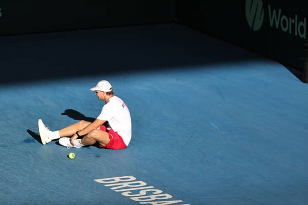 Polish Davis Cup Team training prior to the Davis Cup World Group I against Australia at Pat Rafter Arena in Brisbane, Australia - 17 Sept 2026 Maks Ka?nikowski seen injured during the Polish Davis Cup Team training at Pat Rafter Arena in preparation for the upcoming Davis Cup World Group I against Australia. Brisbane Australia Copyright: xRichardxHainesx xSOPAxImagesx Richard Haines Poland DC (17)