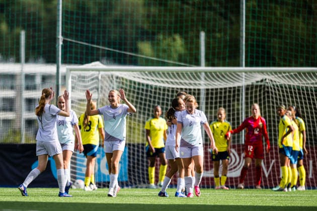 September 17, 2026: Emilie Christine Haugan of Norway celebrates after scoring the 2-0 goal during the Under-15 friendly match between Norway and Sweden on September 17, 2026 in Lorenskog. Photo by Marius Simensen. BILDBYRAN COP 238 bbeng women s soccer football celebration Norway Sweden friendly match  Copyright: MARIUSxSIMENSEN BB260917BB183