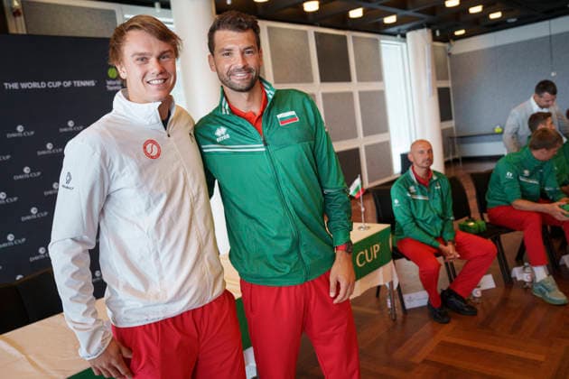 Press conference ahead of the Davis Cup match between Denmark and Bulgaria, featuring Holger Rune of Denmark and Grigor Dimitrov of Bulgaria during the team lineup, draw, and press conference in Hilleroed on Thursday, September 17, 2026. The match between Denmark and Bulgaria will take place at Royal Stage in Hilleroed on September 18–19, 2026, in Copenhagen, Denmark.  Copyright: Ritzau Scanpix LiselottexSabroex spdk20260917-122554-L