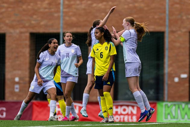 September 17, 2026: Nora Aadland of Norway celebrates after scoring the 3-0 goal, while Lea Assefa of Sweden looks dejected during the Under-15 friendly match between Norway and Sweden on September 17, 2026 in Lorenskog. Photo by Marius Simensen. BILDBYRAN COP 238 bbeng women s soccer football soccer celebration Norway Sweden friendly match  Copyright: MARIUSxSIMENSEN BB260917BB243