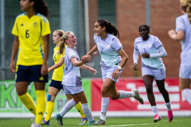 September 17, 2026: Sara el Hammichi of Norway celebrates after scoring the 5-4 goal during the Under-15 friendly match between Norway and Sweden on September 17, 2026 in Lorenskog. Photo by Marius Simensen. BILDBYRAN COP 238 bbeng women s soccer football celebration Norway Sweden soccer Sweden friendly match  Copyright: MARIUSxSIMENSEN BB260917BB270