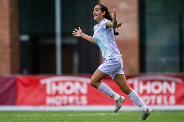 September 17, 2026: Sara el Hammichi of Norway celebrates after scoring the 5-4 goal during the Under-15 friendly match between Norway and Sweden on September 17, 2026 in Lorenskog. Photo by Marius Simensen. BILDBYRAN COP 238 bbeng women s soccer football celebration Norway Sweden soccer Sweden friendly match  Copyright: MARIUSxSIMENSEN BB260917BB271