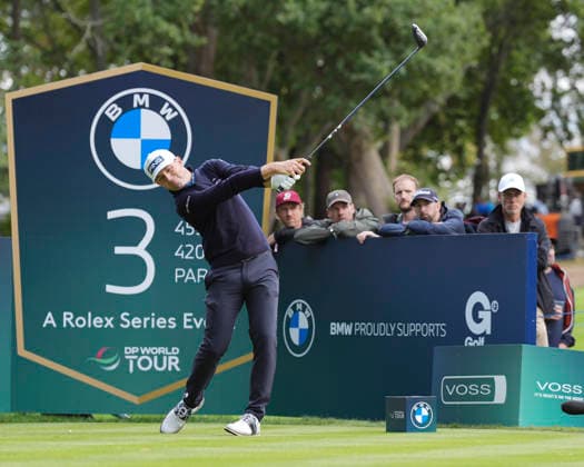 VIRGINIA WATER, ENGLAND - SEPTEMBER 17: Joel Girrbach (SUI) plays from the third tee during Round 1 at the BMW PGA, Golf Herren Championship at Wentworth Golf Club, Virginia Water on September 17, 2026 in Surrey, England The BMW PGA Championship